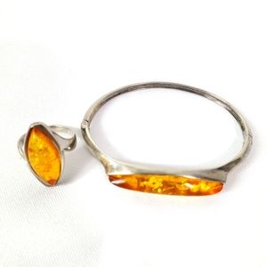 Amber Ring Bracelet Set VALERIO NYC 925 STERLING SILVER 7.5 Baltic Amber Stone